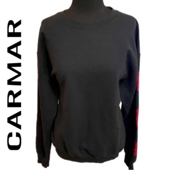 Carmar Los Angeles Black Crew Neck Sweatshirt Red Studded Heart Sleeves Size SML - Picture 3 of 16